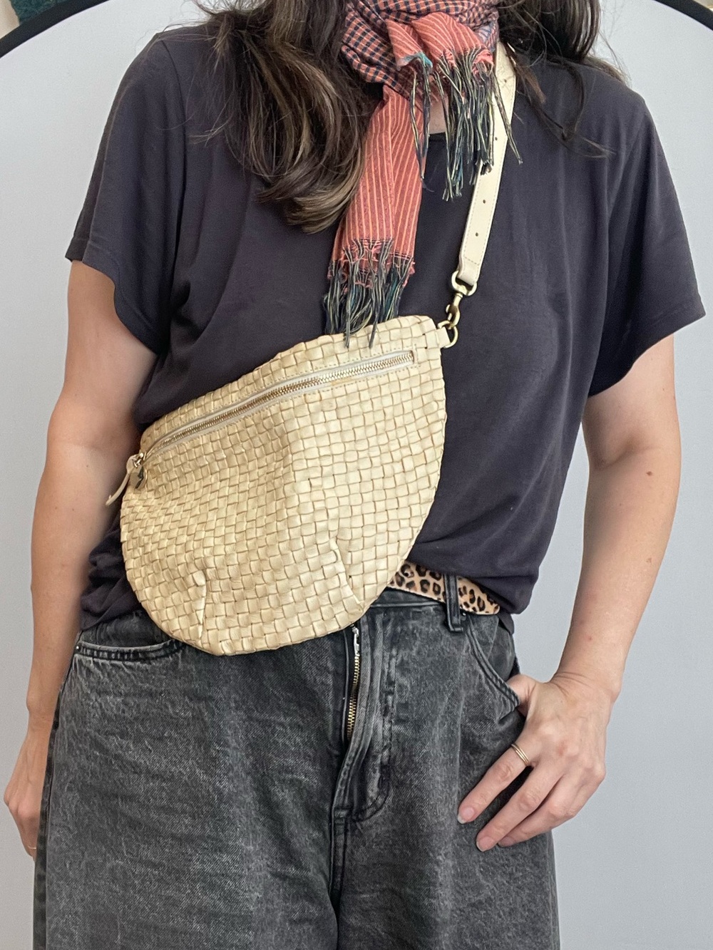 Clare V. woven Leather Grande Fanny Bag Cream Crossbody Purse Pack